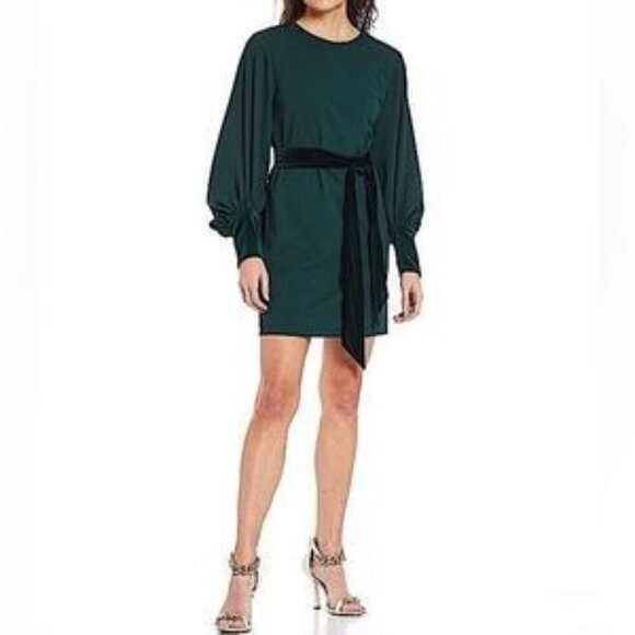 NWT Belle Badgley Mischka Women Velvet Cuffs Belt Dress Stretch Green SZ 4 - Picture 1 of 9
